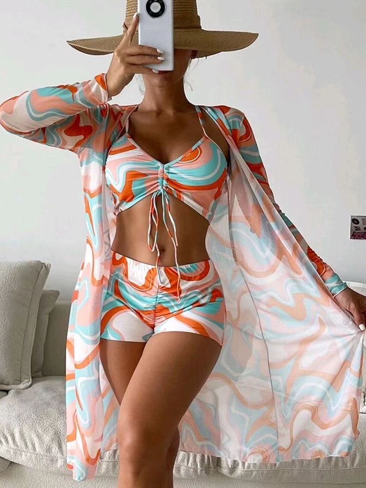 Womens 3pcs Pring Bikini With Long Sleeve Cardigan Fashion Summer Swimsuit